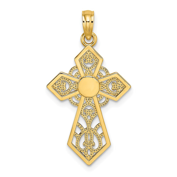 Million Charms 14K Yellow Gold Themed Polished & Lace Relgious Cross Charm
