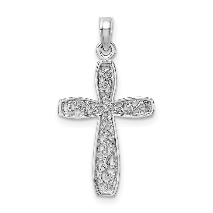 Million Charms 14K White Gold Themed Relgious Cross With Filigree Center Charm