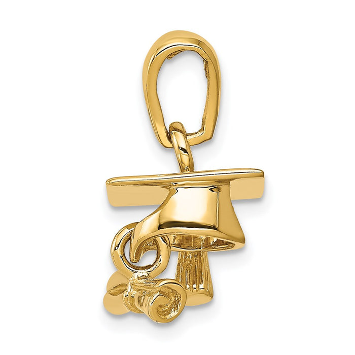 Million Charms 14K Yellow Gold Themed Solid Polished 3-Dimensional Graduation Cap With Diploma Pendant