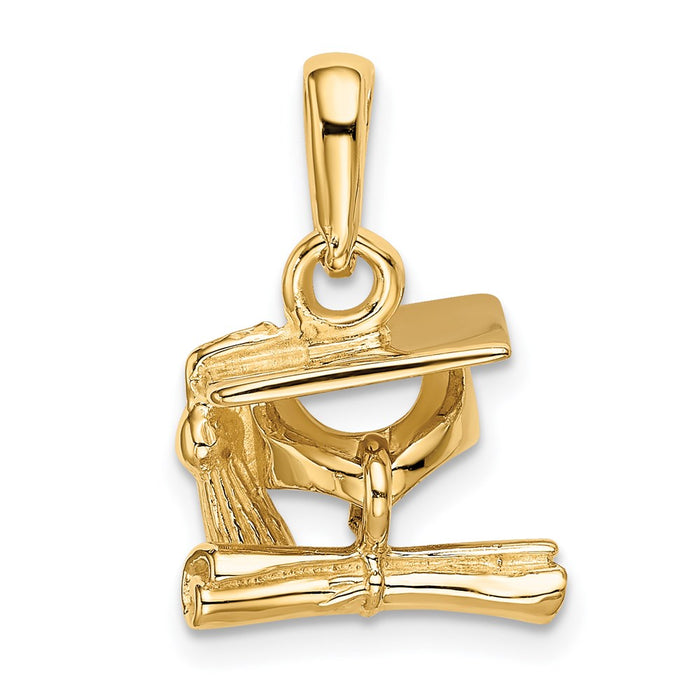 Million Charms 14K Yellow Gold Themed Solid Polished 3-Dimensional Graduation Cap With Diploma Pendant