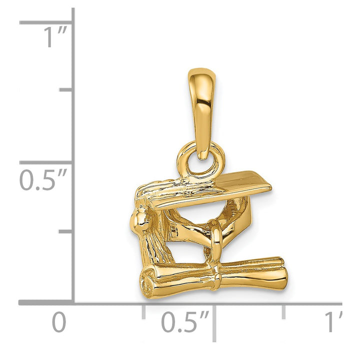 Million Charms 14K Yellow Gold Themed Solid Polished 3-Dimensional Graduation Cap With Diploma Pendant