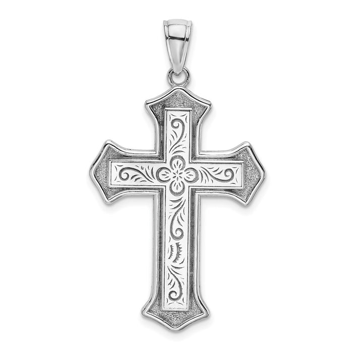 Million Charms 14K White Gold Themed 2-D Filigree Center Block Relgious Cross Charm