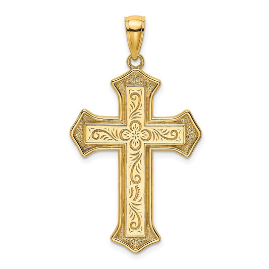 Million Charms 14K Yellow Gold Themed 2-D Filigree Center Block Relgious Cross Charm