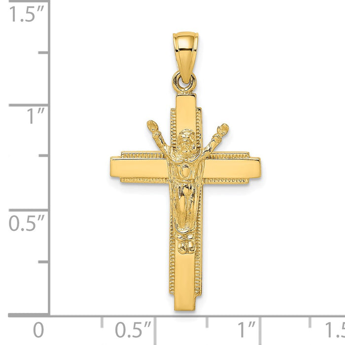 Million Charms 14K Yellow Gold Themed Polished With Beaded Edge Relgious Crucifix Charm