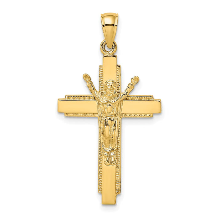 Million Charms 14K Yellow Gold Themed Polished With Beaded Edge Relgious Crucifix Charm