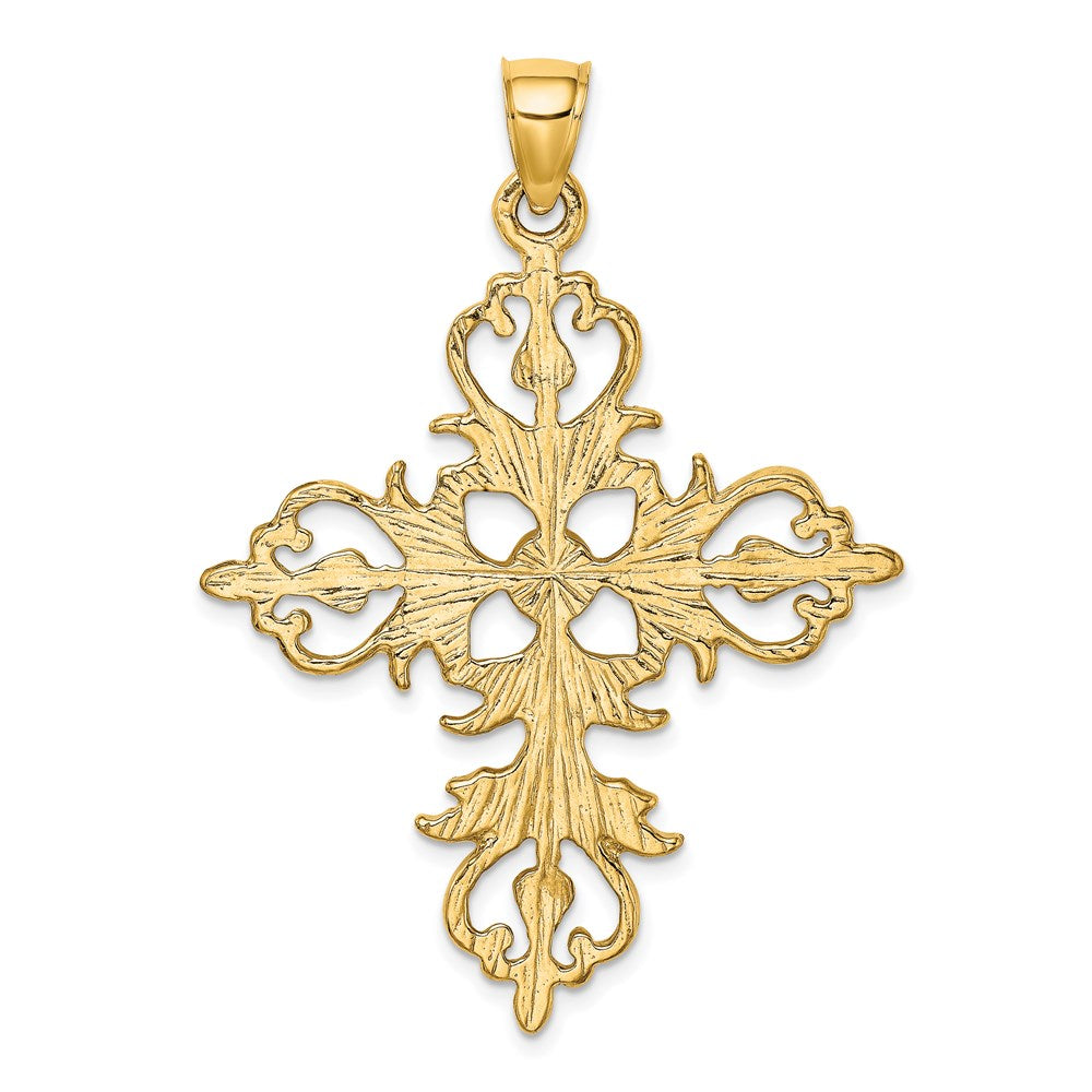 Million Charms 14K Yellow Gold Themed Large Relgious Cross With Fleur-De-Lis Tips Charm