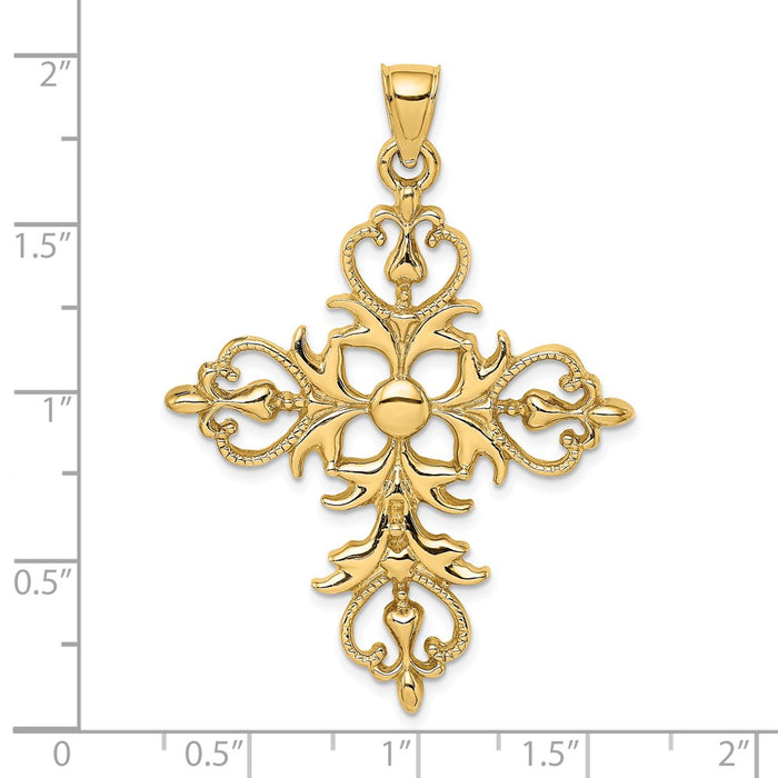 Million Charms 14K Yellow Gold Themed Large Relgious Cross With Fleur-De-Lis Tips Charm