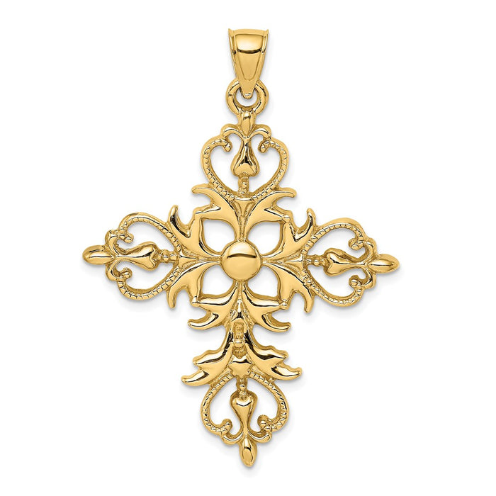 Million Charms 14K Yellow Gold Themed Large Relgious Cross With Fleur-De-Lis Tips Charm