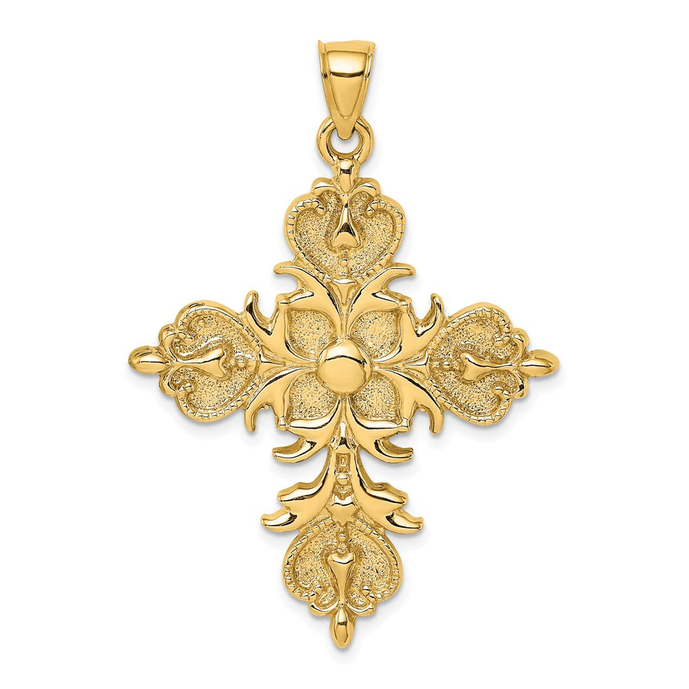 Million Charms 14K Yellow Gold Themed Large Relgious Cross With Fleur-De-Lis Tips Solid Back Charm