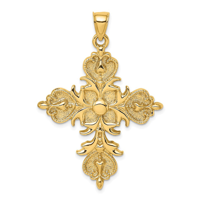 Million Charms 14K Yellow Gold Themed Large Relgious Cross With Fleur-De-Lis Tips Solid Back Charm