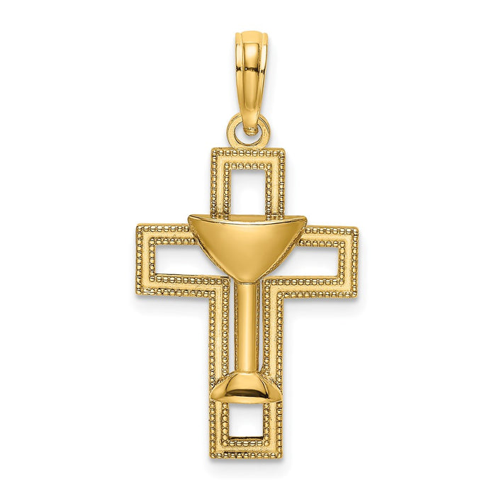 Million Charms 14K Yellow Gold Themed Polished Relgious Cross With Communion Cup Charm