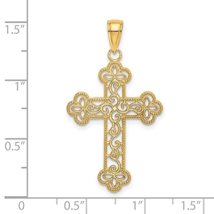 Million Charms 14K Yellow Gold Themed Textured & Beaded Edge Relgious Cross Charm