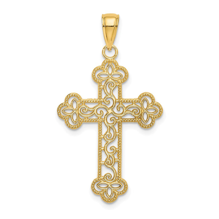 Million Charms 14K Yellow Gold Themed Textured & Beaded Edge Relgious Cross Charm