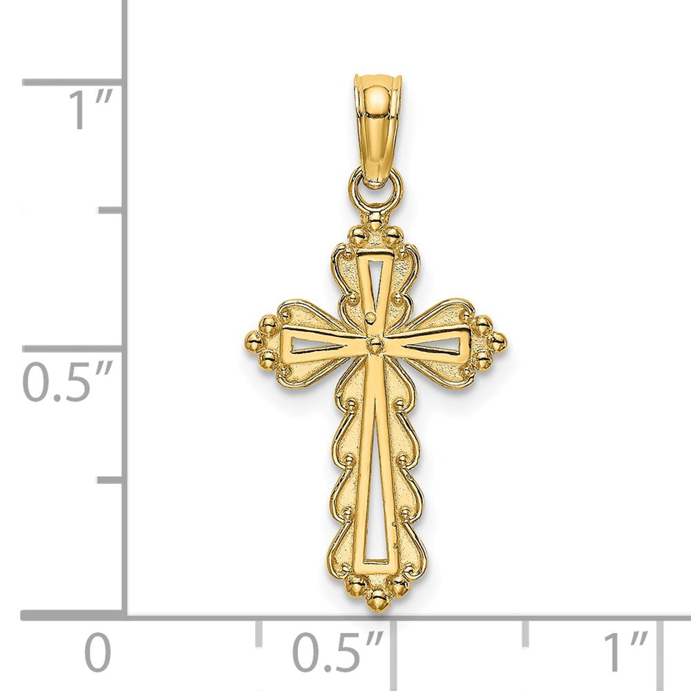 Million Charms 14K Yellow Gold Themed Scalloped Relgious Cross With Cut-Out Center Charm