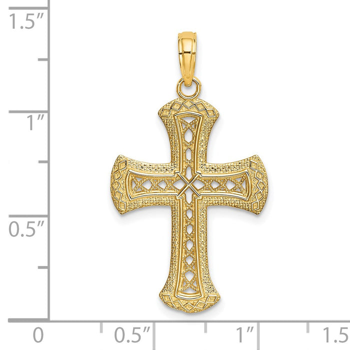 Million Charms 14K Yellow Gold Themed Textured, Cut-Out Relgious Cross Charm
