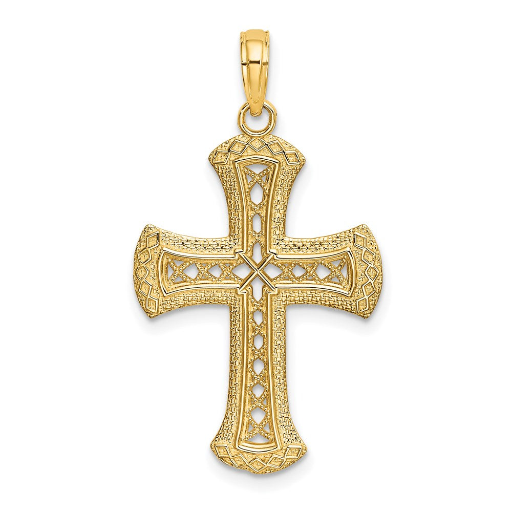 Million Charms 14K Yellow Gold Themed Textured, Cut-Out Relgious Cross Charm