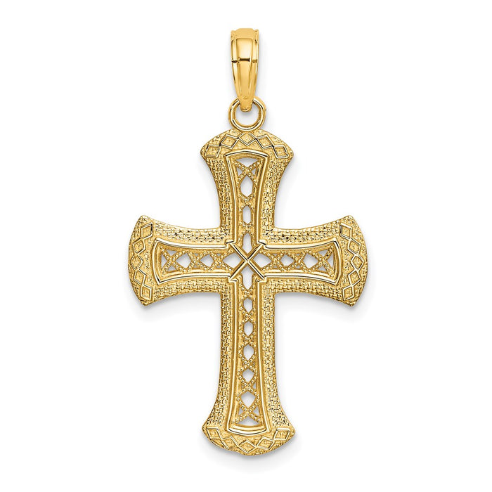 Million Charms 14K Yellow Gold Themed Textured, Cut-Out Relgious Cross Charm