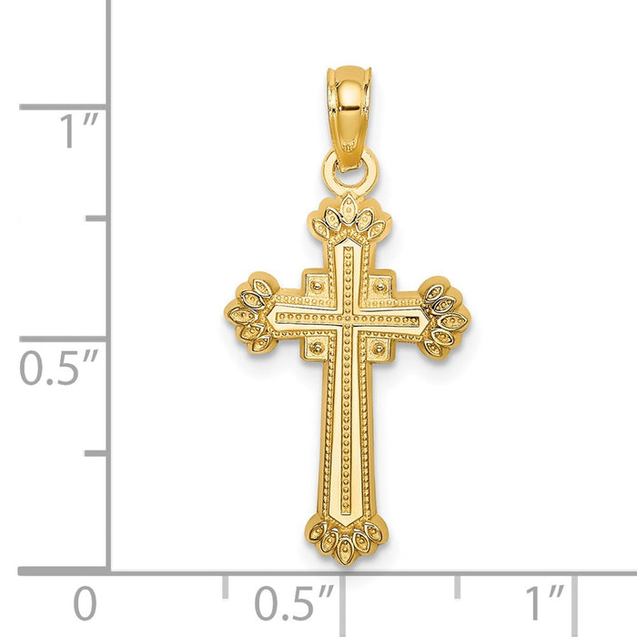 Million Charms 14K Yellow Gold Themed Textured Leaves On Edges Relgious Cross Charm