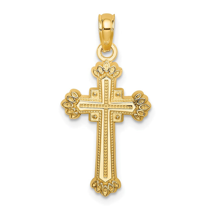 Million Charms 14K Yellow Gold Themed Textured Leaves On Edges Relgious Cross Charm
