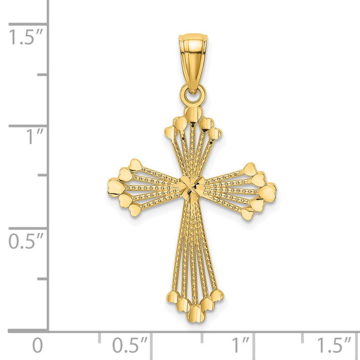 Million Charms 14K Yellow Gold Themed Diamond-Cut & Cut-Out Stripes With Heart In Center Relgious Cross Charm