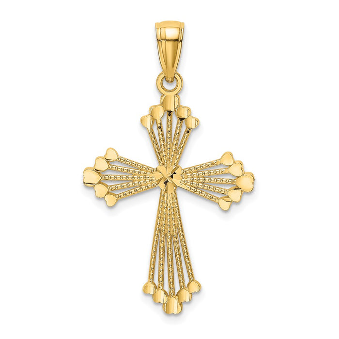 Million Charms 14K Yellow Gold Themed Diamond-Cut & Cut-Out Stripes With Heart In Center Relgious Cross Charm