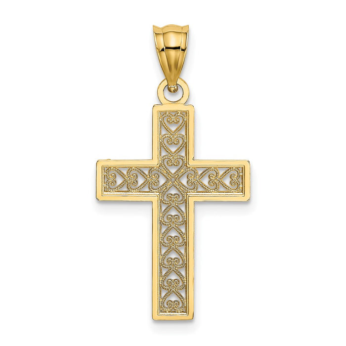 Million Charms 14K Yellow Gold Themed Diamond-Cut Edge & Filigree Center Relgious Cross Charm