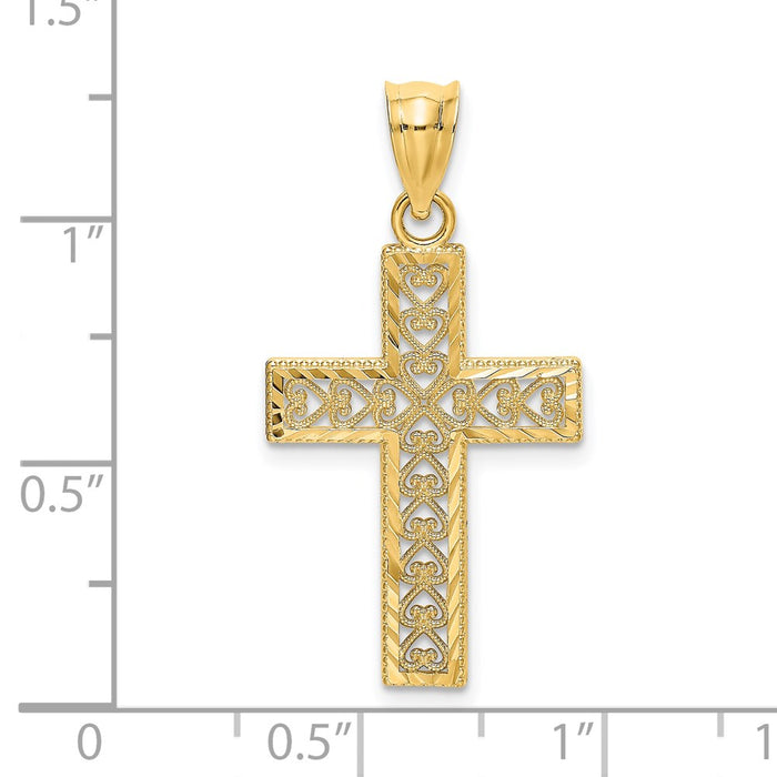 Million Charms 14K Yellow Gold Themed Diamond-Cut Edge & Filigree Center Relgious Cross Charm