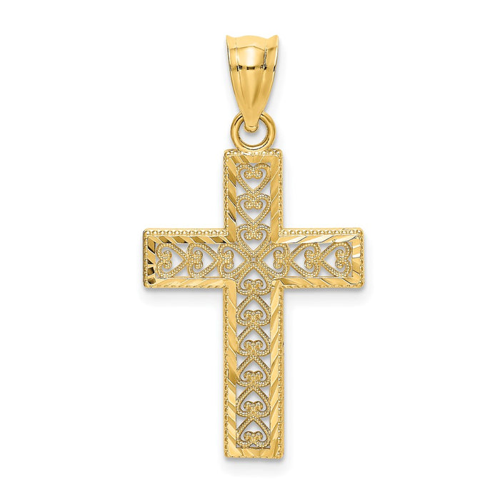 Million Charms 14K Yellow Gold Themed Diamond-Cut Edge & Filigree Center Relgious Cross Charm