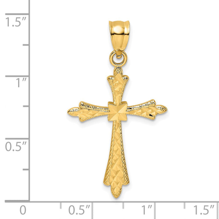 Million Charms 14K Yellow Gold Themed Diamond-Cut Relgious Cross With Fancy Edges Charm