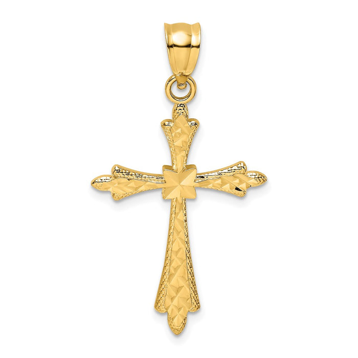 Million Charms 14K Yellow Gold Themed Diamond-Cut Relgious Cross With Fancy Edges Charm