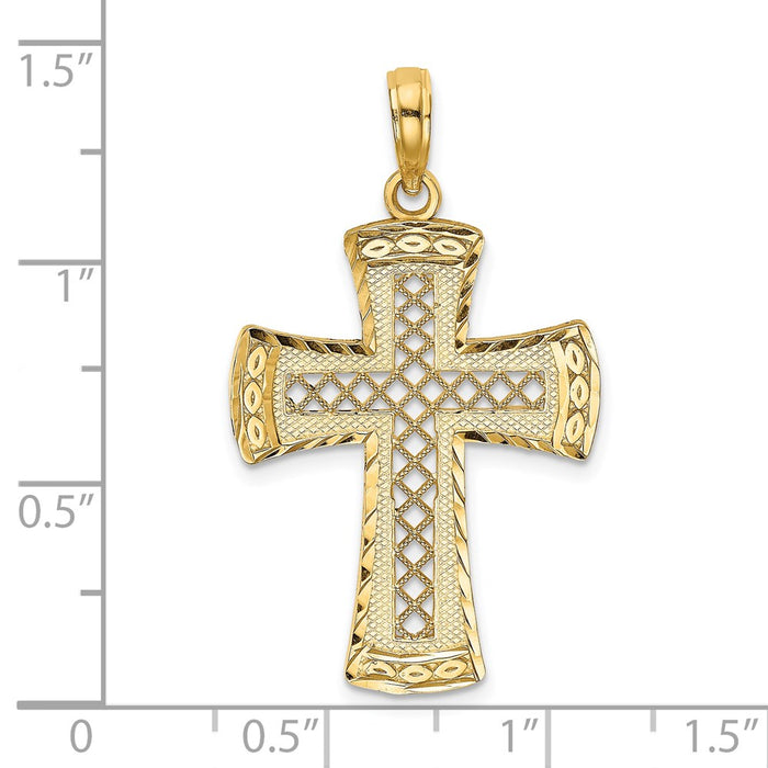 Million Charms 14K Yellow Gold Themed Diamond-Cut With Satin Edge Latice Relgious Cross Charm