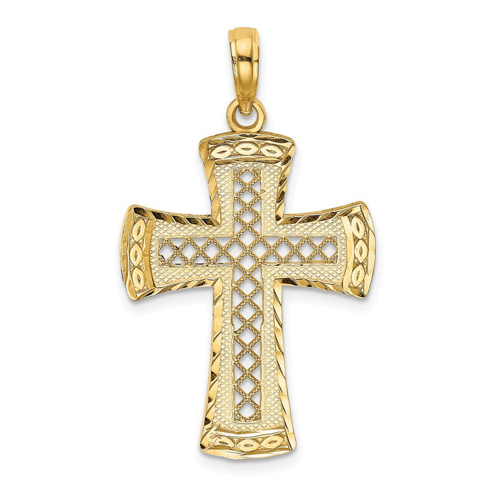 Million Charms 14K Yellow Gold Themed Diamond-Cut With Satin Edge Latice Relgious Cross Charm