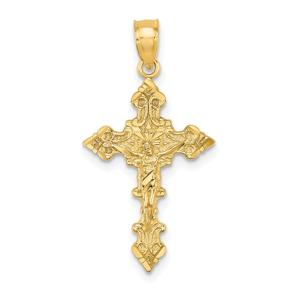 Million Charms 14K Yellow Gold Themed Relgious Crucifix With Fancy Edges Charm