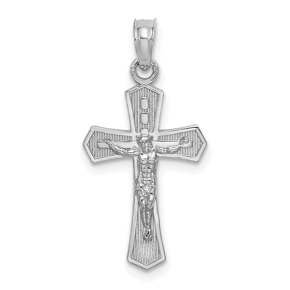 Million Charms 14K White Gold Themed Relgious Crucifix With Beveled Edges Charm