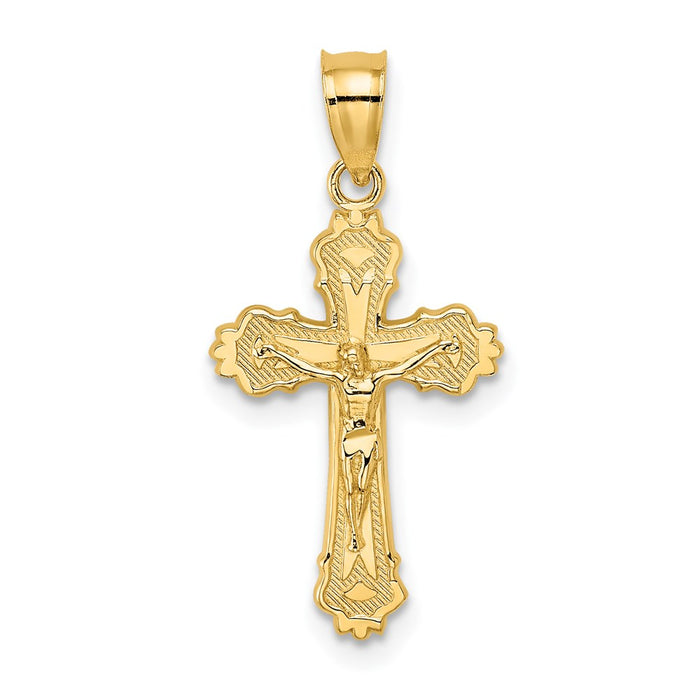 Million Charms 14K Yellow Gold Themed With Textured Scalloped Edge Relgious Crucifix Charm