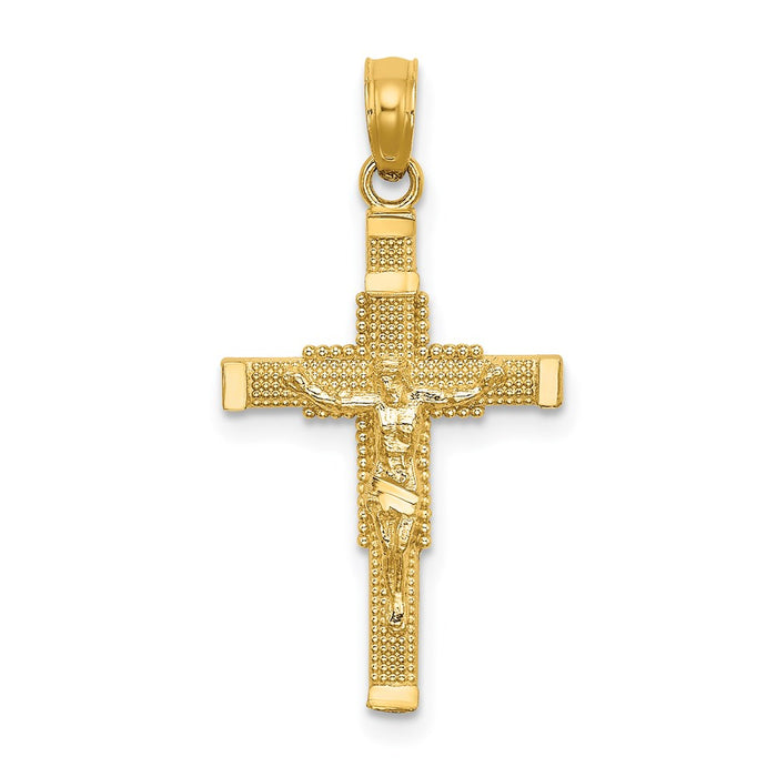 Million Charms 14K Yellow Gold Themed Beaded Accent With Relgious Cross Behind Relgious Crucifix Charm