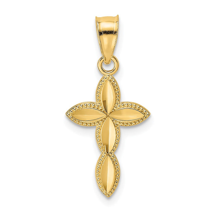 Million Charms 14K Yellow Gold Themed Diamond-Cut & Beaded Marquis Shaped Relgious Cross Charm