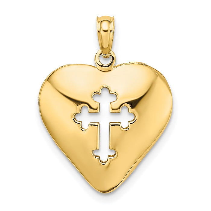 Million Charms 14K Yellow Gold Themed 3-D Cut-Out With Lace Relgious Cross In Heart (Reversible) Charm