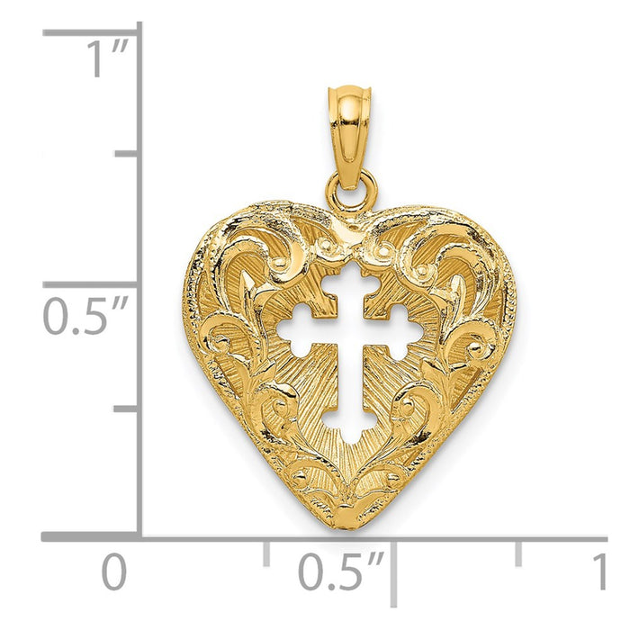 Million Charms 14K Yellow Gold Themed 3-D Cut-Out With Lace Relgious Cross In Heart (Reversible) Charm