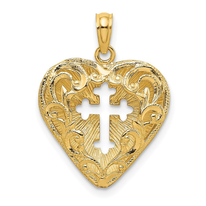 Million Charms 14K Yellow Gold Themed 3-D Cut-Out With Lace Relgious Cross In Heart (Reversible) Charm