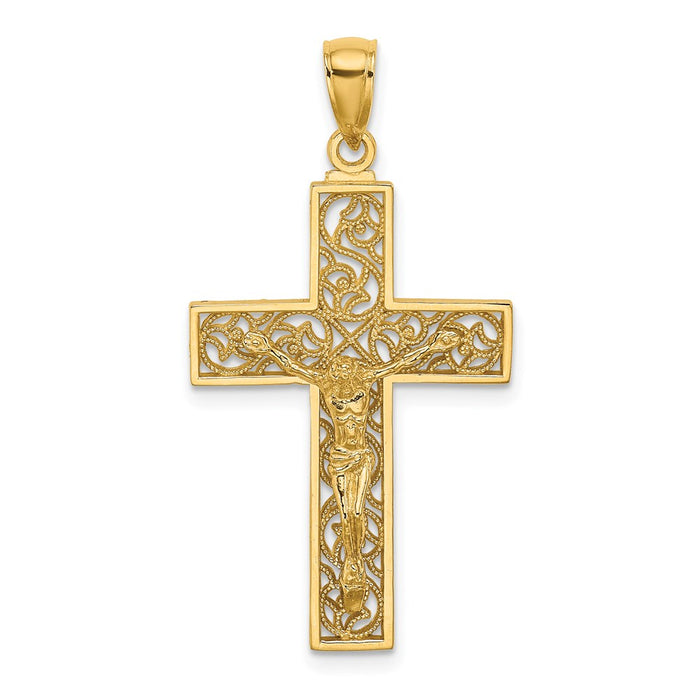 Million Charms 14K Yellow Gold Themed Textured Swirl Design Relgious Crucifix Charm