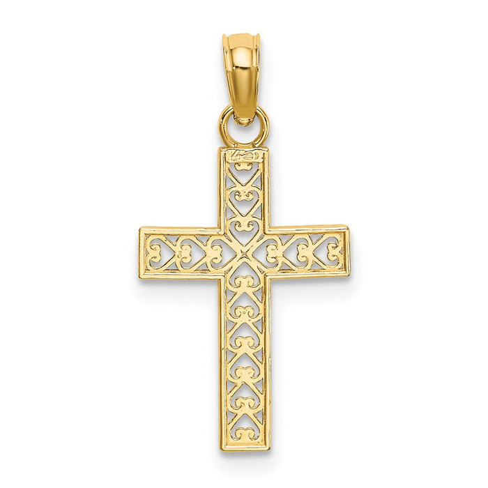 Million Charms 14K Yellow Gold Themed Diamond-Cut Edge & Filigree Center Relgious Cross Charm