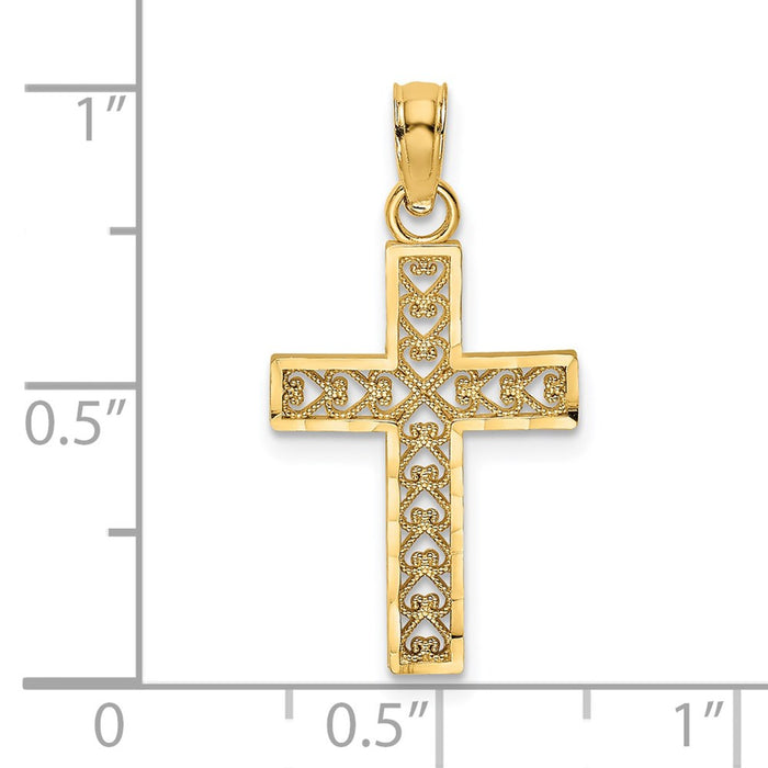 Million Charms 14K Yellow Gold Themed Diamond-Cut Edge & Filigree Center Relgious Cross Charm