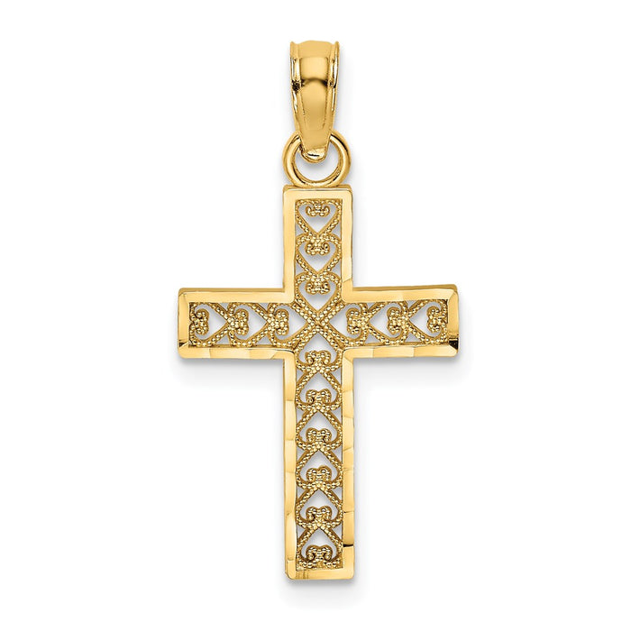 Million Charms 14K Yellow Gold Themed Diamond-Cut Edge & Filigree Center Relgious Cross Charm