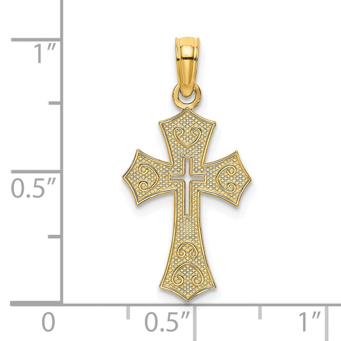 Million Charms 14K Yellow Gold Themed Textured Cut-Out Center Relgious Cross Charm