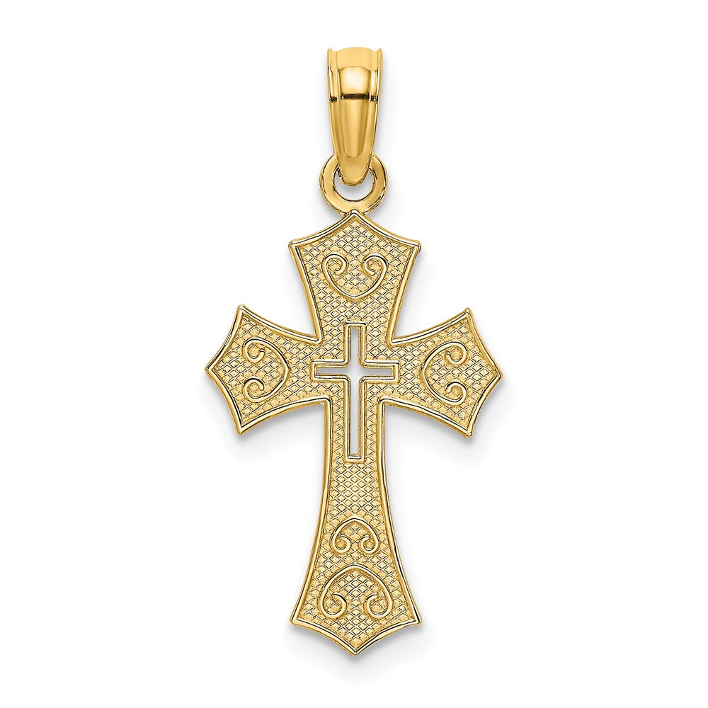 Million Charms 14K Yellow Gold Themed Textured Cut-Out Center Relgious Cross Charm
