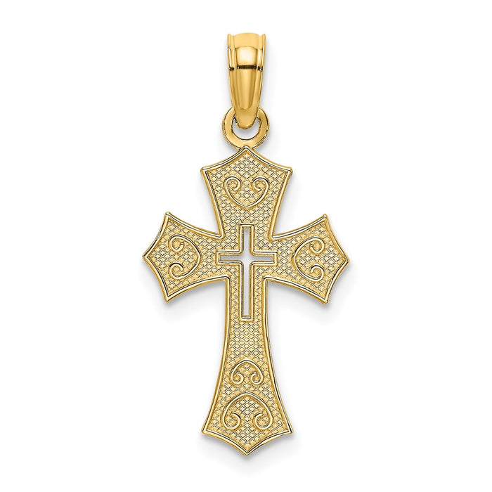 Million Charms 14K Yellow Gold Themed Textured Cut-Out Center Relgious Cross Charm