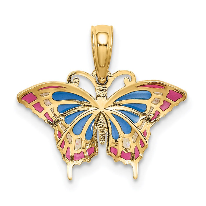 Million Charms 14K Yellow Gold Themed Small Stained Glass Blue & Red Butterfly Charm
