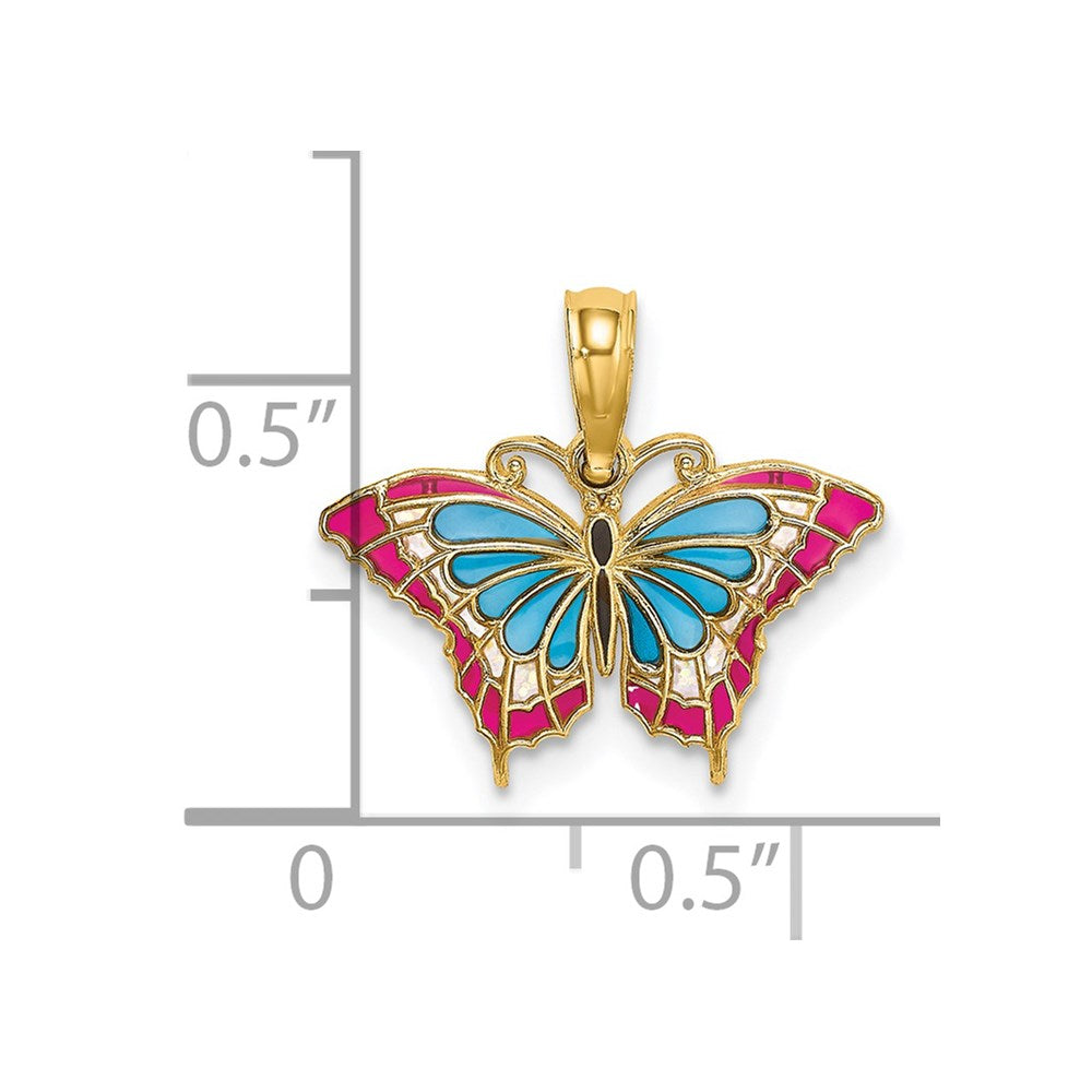Million Charms 14K Yellow Gold Themed Small Stained Glass Blue & Red Butterfly Charm