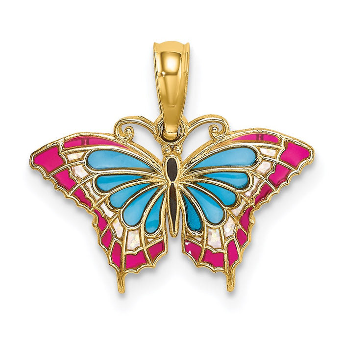 Million Charms 14K Yellow Gold Themed Small Stained Glass Blue & Red Butterfly Charm
